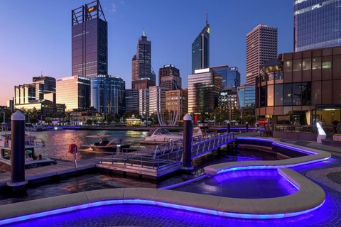 Skyline at Elisabeth Quay, blue hour, blue hour, harbour, Perth, State of Western Australia,