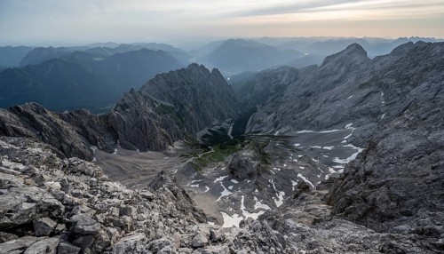 Mountain landscape with rocky peaks, view of Höllental and Alpspitze, Jubiläumsgrat, Wetterstein