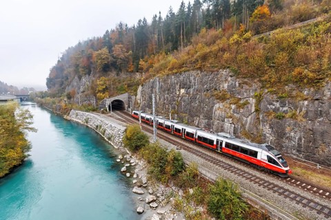 Train of the S-Bahn Vorarlberg of the Austrian Federal Railways ÖBB Eisenbahn Nahverkehr in autumn