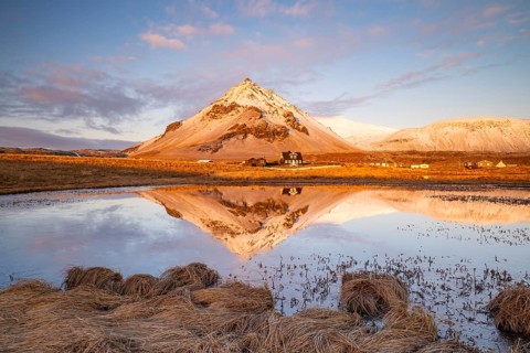 Mountain reflected in a small lake, Arnarstapi, Snäfellsnes Peninsula, Snæfellsnes, West Iceland,