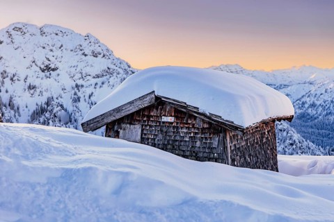 Hut, sunrise snow tour on the Tegelberg in the Allgäu in Bavaria. Winter Wonder Land, Germany,