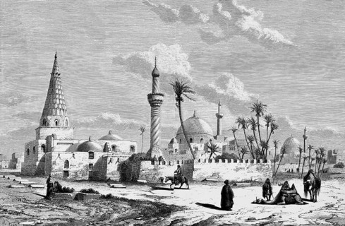 View of the Iraqi capital Baghdad, with city wall and mosque, domed building, minarets with