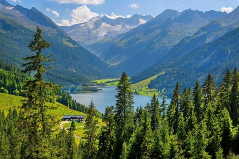 Panorama of the Durlassboden reservoir, Gerlos, Gerlos Pass, Tyrol, Salzburg province, Austria,