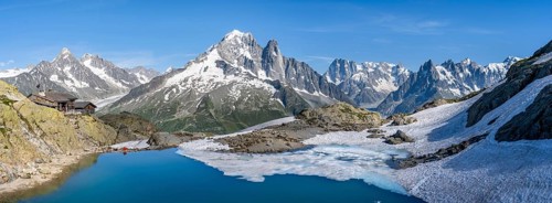 Mountain landscape with mountain lake Lac Blanc, mountain peaks, Aiguille Verte, Grandes Jorasses,