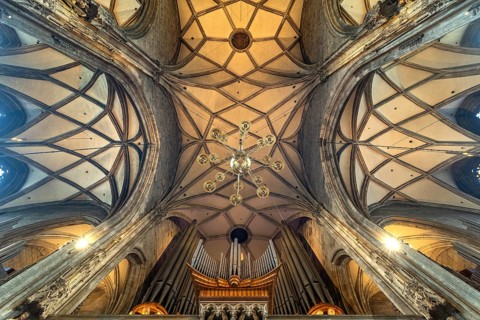 Church organ and ceiling of St Stephen's Cathedral in Vienna, Austria, Europe