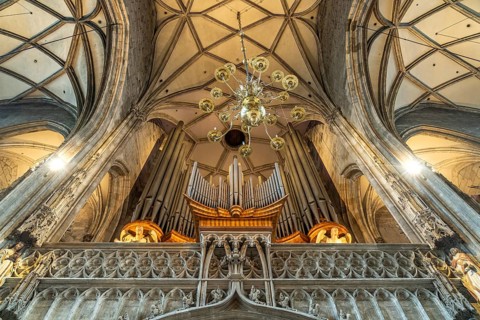 Church organ and ceiling of St Stephen's Cathedral in Vienna, Austria, Europe