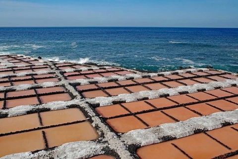 Regular arrangement of salt fields in orange near the blue sea under a clear sky, salt flats,