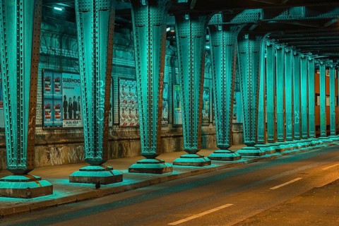 Green illuminated railway underpass, Hansaring, Cologne, North Rhine-Westphalia, Germany, Europe