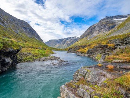 View of Valldalen valley and Reinheimen National Park, long exposure, autumn, mountains, Valldøla