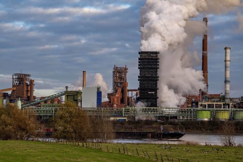 Industrial backdrop of the ThyssenKrupp Steel steelworks in Duisburg-Bruckhausen, on the Rhine,