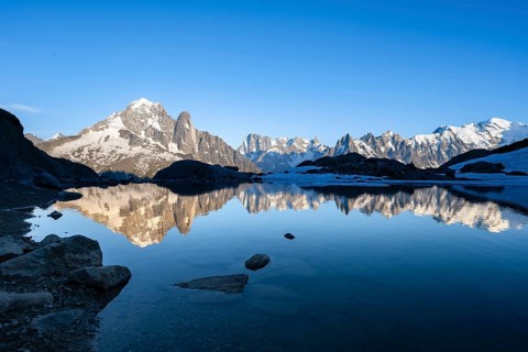 Mountain landscape in the evening light, water reflection in Lac Blanc, mountain peak, Aiguille
