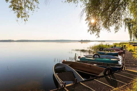 Rowing boats moored at the old lido of the Quitzdorf dam, Upper Lusatia, Saxony, Germany, Europe