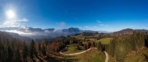 Drone shot, view from the Moosegg high plateau to the Hoher Göll, Golling, Osterhorn group,