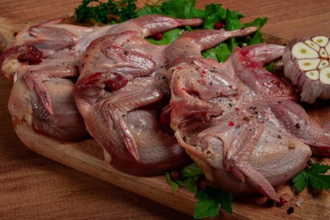 Raw quail meat, on a cutting board, with spices and herbs, top view