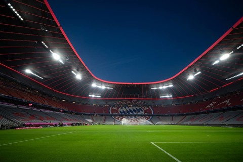 Stadium, empty, interior, illuminated, blue hour, Allianz Arena, Munich, Bavaria, Germany, Europe