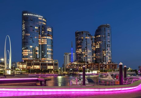 Skyline at Elisabeth Quay, blue hour, blue hour, harbour, Perth, State of Western Australia,