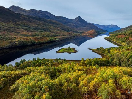 Fjord, coast, mountain landscape, reflection, island, autumn, autumn colours, aerial view, Loch