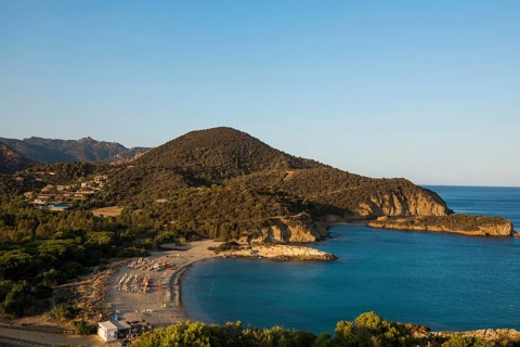 Sandy beach beach and blue sea, sunset, Spiaggia di Su Portu, Torre di Chia, Chia, south coast,