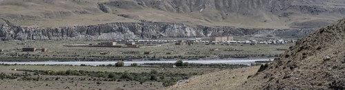 Town view, Engilchek river with village, ghost town, Engilchek, Tian Shan, Kyrgyzstan, Asia