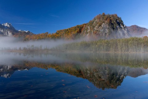 Autumn mood at lake Almsee, Grünau, Austria, Totes Gebirge, Europe