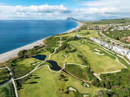 The La Hacienda Links Golf Resort at the Mediterranean Sea with the Rock of Gibraltar (British) in