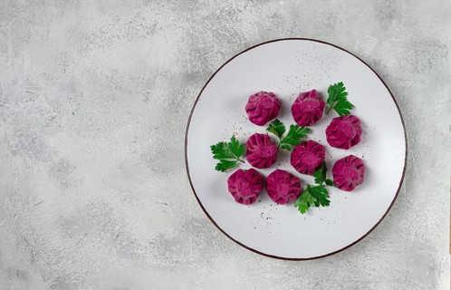 Beetroot khinkali, mini khinkali, purple, Georgian cuisine, no people