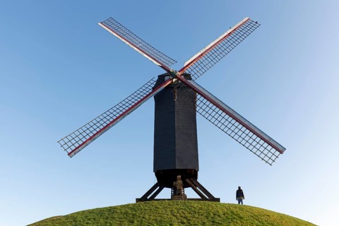 Historic windmill on the ramparts, Bruges, West Flanders, Flanders, Belgium, Europe