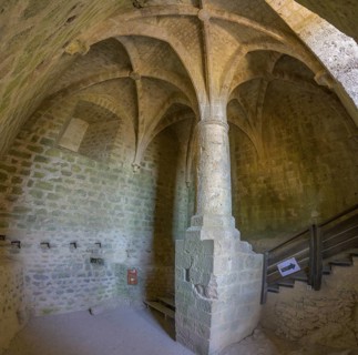 High room with ribbed vault in the Cathar castle of Quéribus, Cucugnan, Département Aude, France,