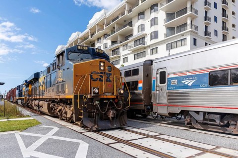 Amtrak and CSX trains railway railway in Kissimmee, USA, North America