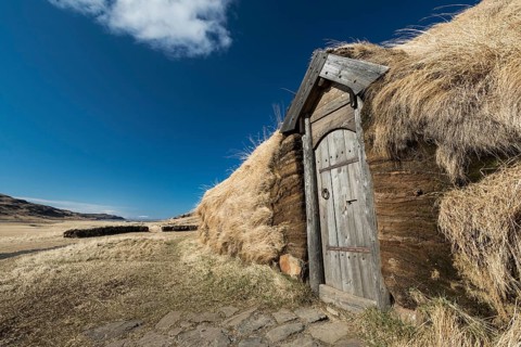Traditional turf house with wooden door and grass roof in the sunshine, replica of a Viking