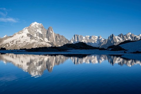 Mountain landscape in the evening light, water reflection in Lac Blanc, mountain peak, Aiguille