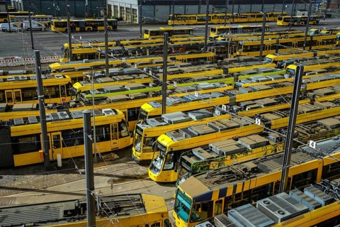 Essen, North Rhine-Westphalia, Germany, Trams at Ruhrbahn depot, Verdi and EVG warning strike,