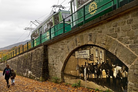 Drachenfels railway with old photo on the Eselsweg, the ascent to Drachenfels, Königswinter,
