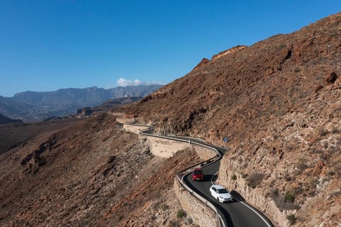 Drone shot, mountain road at the Degollade de las Yeguas viewpoint, Gran Canaria, Canary Islands,