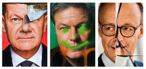 Torn and graffitied large posters for the 2025 federal election with Olaf Scholz, Sahra Wagenknecht