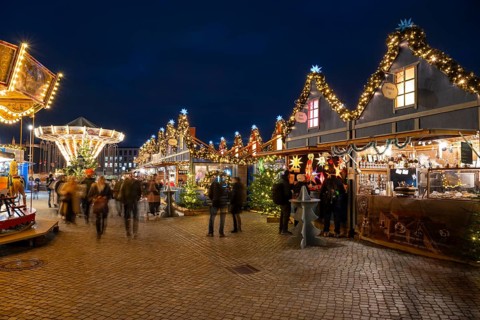 Carousel and stalls, Christmas market at the Humboldt Forum, Berlin Palace, night shot, Mitte,