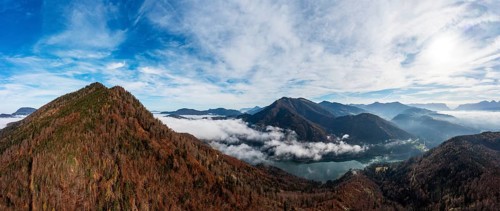 Drone shot, autumn forest and sea of fog around the Schwarzenberg, Wiestalstausee, Osterhorngruppe,