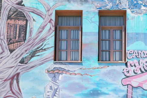 Old house painted with murals, Petychakis square, Rethymno, Crete, Greek Islands, Greece, Europe