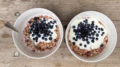 Healthy breakfast at the mountain hut, muesli with fresh blueberries and yoghurt