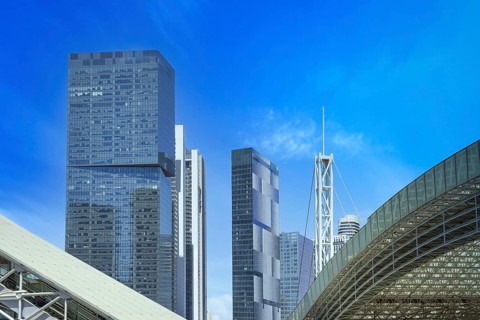 Israel, Tel Aviv financial business district skyline with shopping malls and high tech offices,