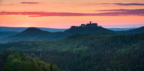 View from the Rennsteig to the Wartburg, sunrise, dawn, Thuringian Forest, Eisenach, Thuringia,