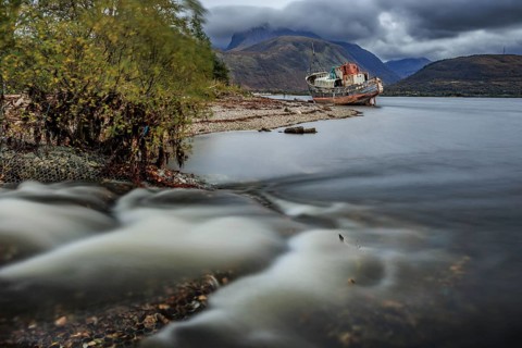 Shipwreck, coast, sea, mountains, river, long exposure, cloudy, autumn, Corpach Shipwreck, Corpach,