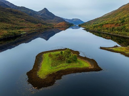 Fjord, coast, mountain landscape, reflection, island, autumn, aerial view, Loch Leven, Scotland,