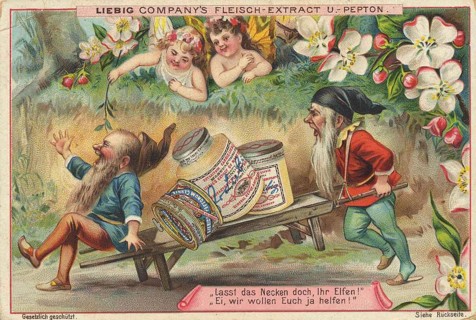 Picture series Elves and gnomes, the dwarves transport Liebig glasses on a cart, Liebig picture,