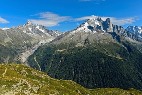 Alpine panorama of the French Alps, from left to right: summits Aiguille du Chardonnet and Aiguille