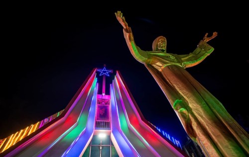 A Church decorated with illuminated lights on the Christmas eve, at a Church on December 24, 2023