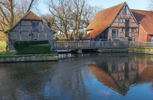Prince-Bishop's corn water mill in Nienborg, Heek, Münsterland, North Rhine-Westphalia, Germany,