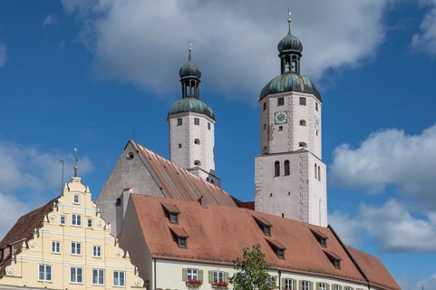 Towers of the Cat. Parish Church of St Emmeram, Wemding, Bavaria, Germany, Europe