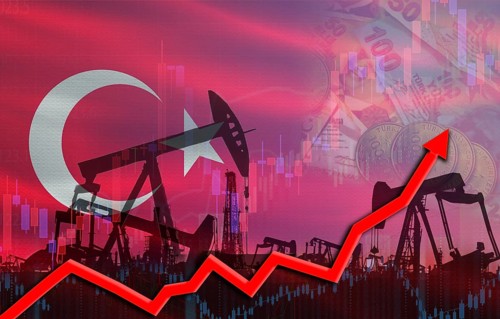 Oil production with Turkey flag, petrol industry. Oil pumps with Turkey flag