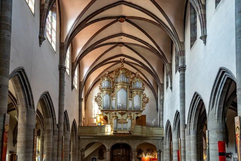 Interior and organ of the Roman Catholic church of St-Grégoire or St Gregory in Ribeauville,